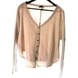 Out From Under Waffle Knit Henley Top Beige Raw Hem Long Sleeve Medium